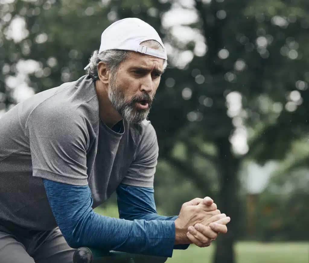 senior fitness man active sport exercise running jogging tired exhausted healthy runner fit jogger